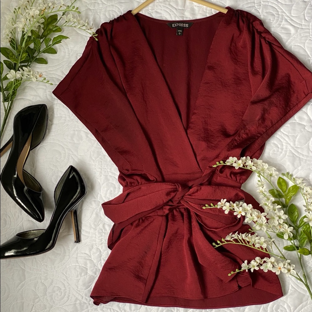 Express • Burgendy Deep Cut Wrap Blouse
